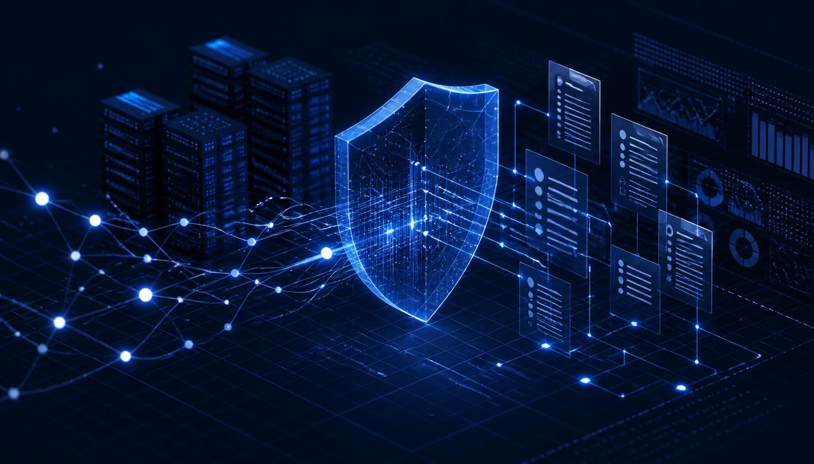 Abstract representation of enterprise data infrastructure protected by a privacy and governance layer, with data flows, records and compliance dashboards.